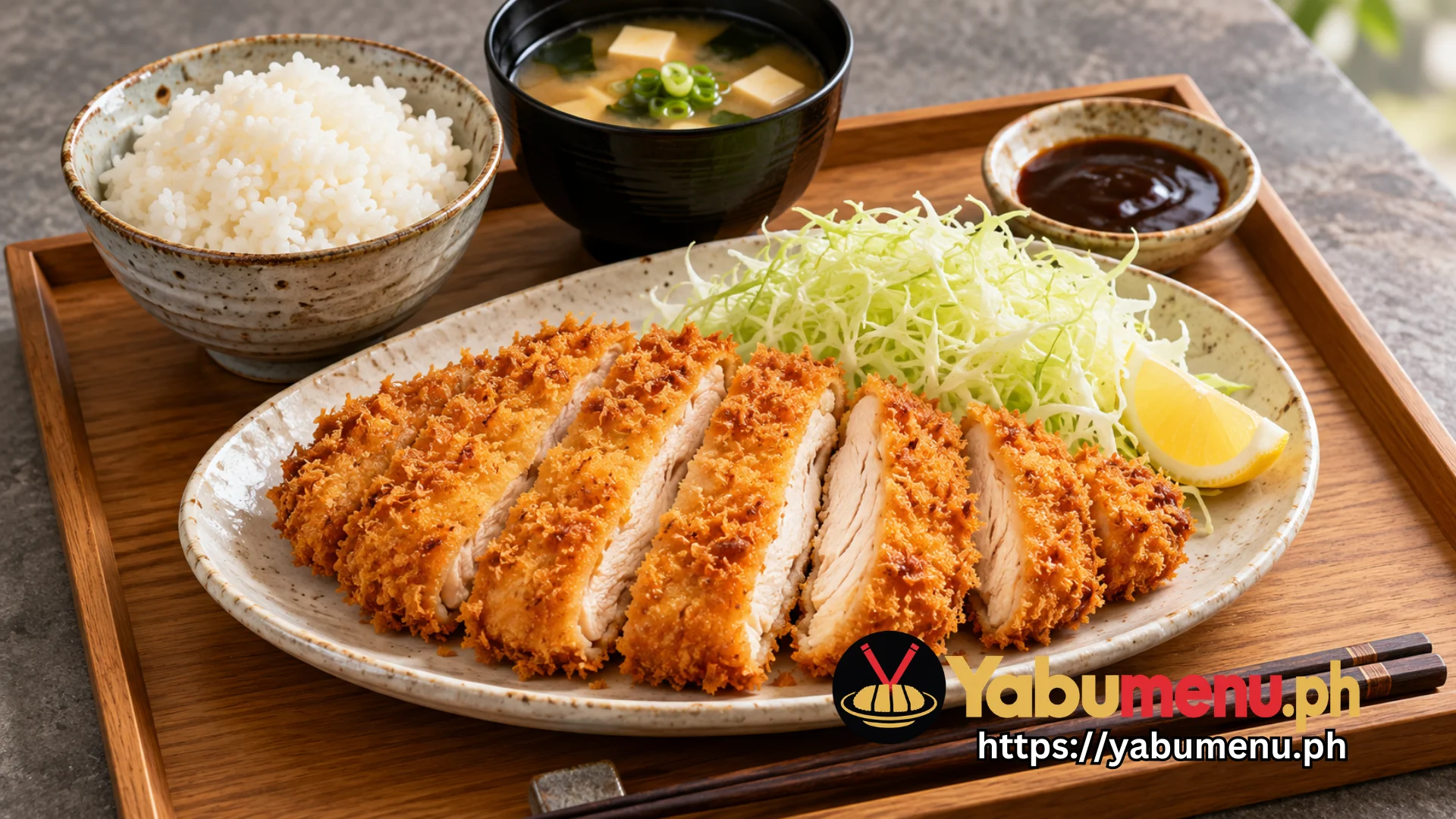 Crispy Japanese chicken katsu with rice and miso soup