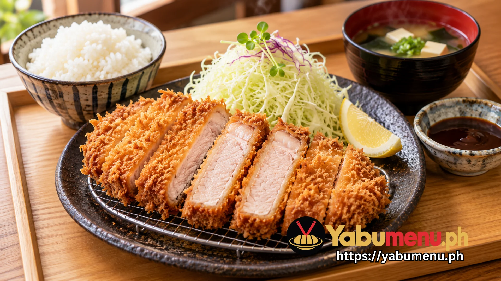 Crispy sliced pork katsu with rice, cabbage and miso soup