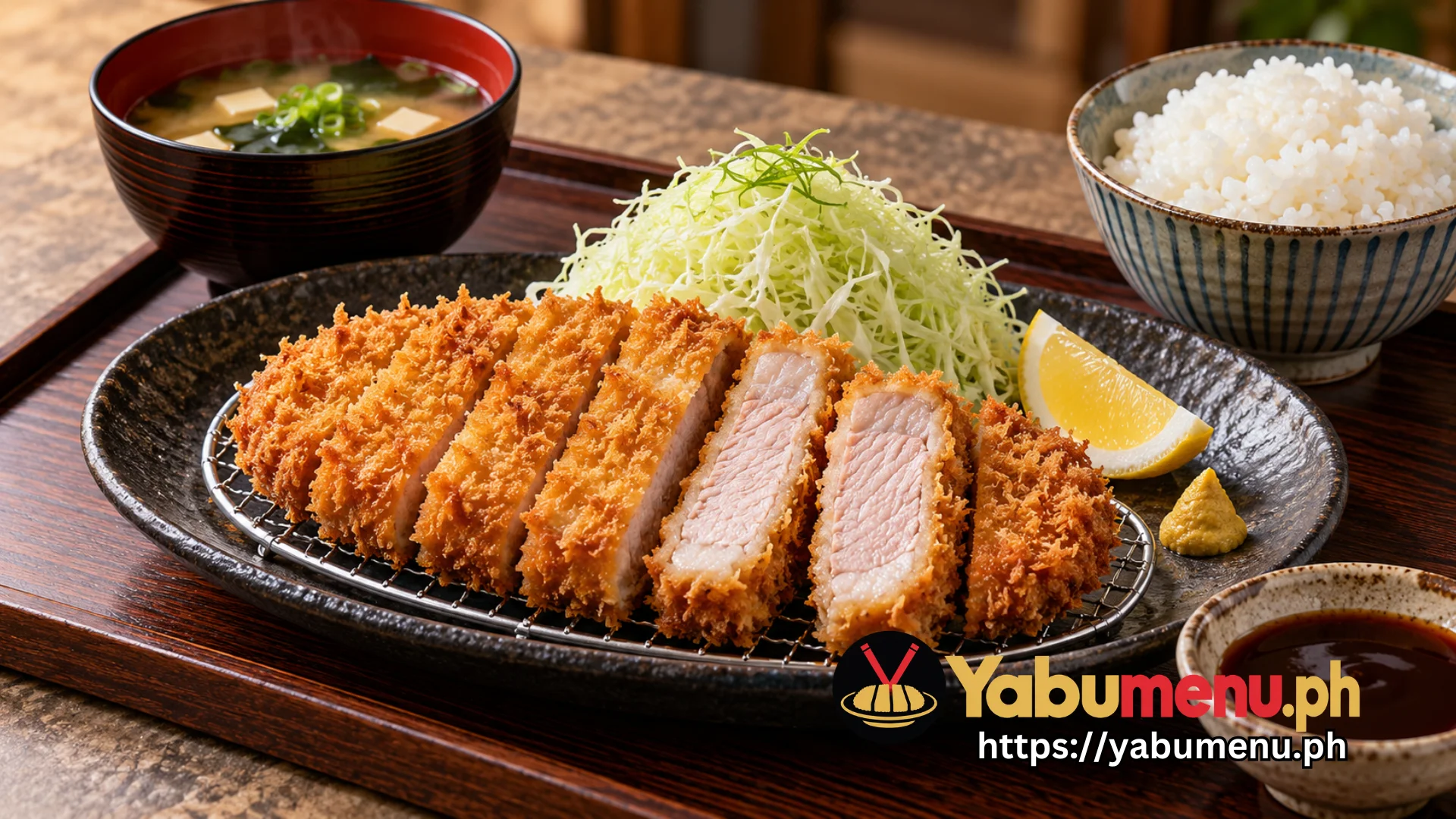 Golden crispy pork katsu with rice, cabbage and miso soup