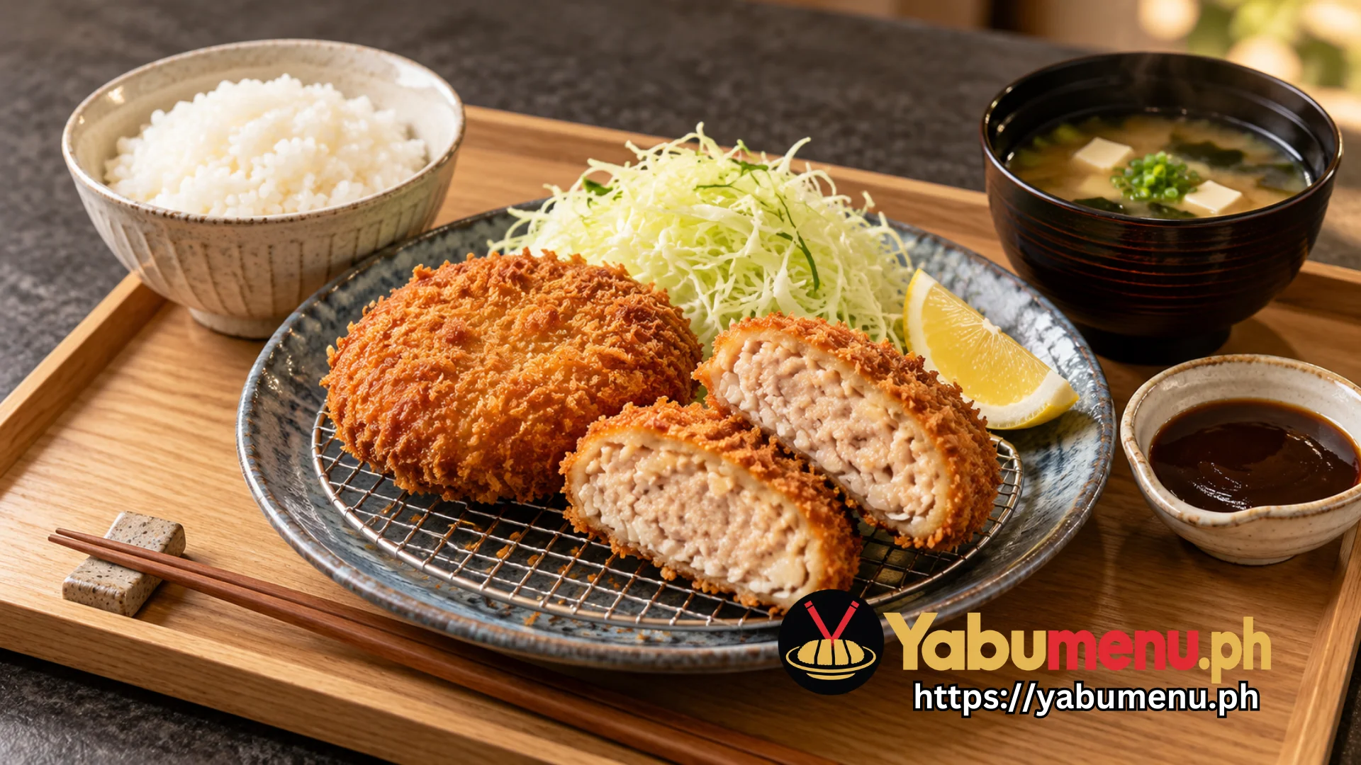 Golden minced meat katsu with rice, cabbage and miso soup