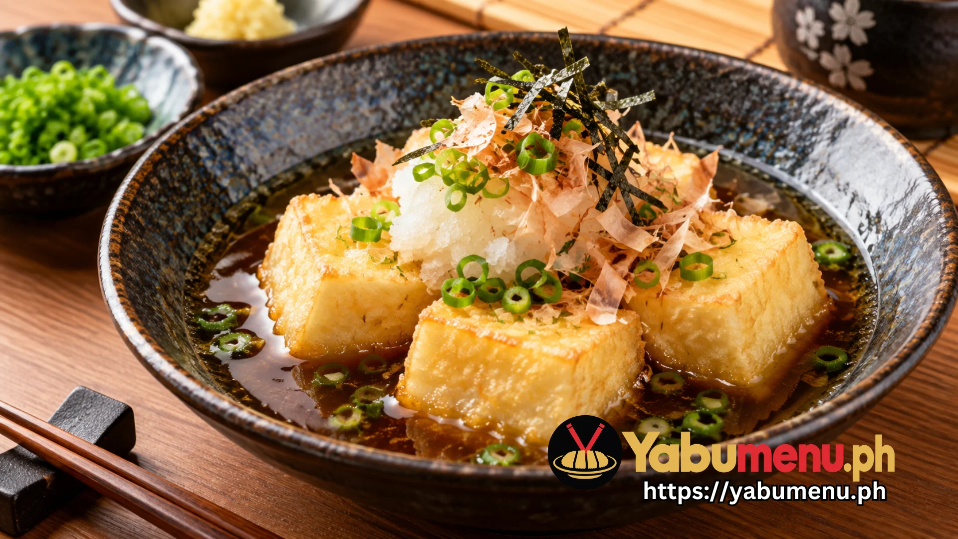 Japanese Agedashi Tofu with Dashi Sauce and Green Onions