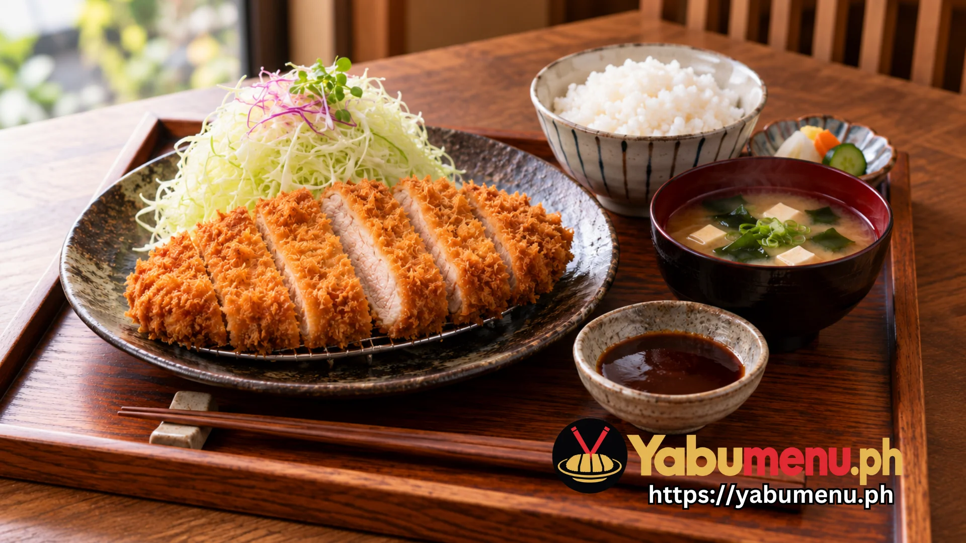 Japanese meat katsu with rice, cabbage and savory dipping sauce