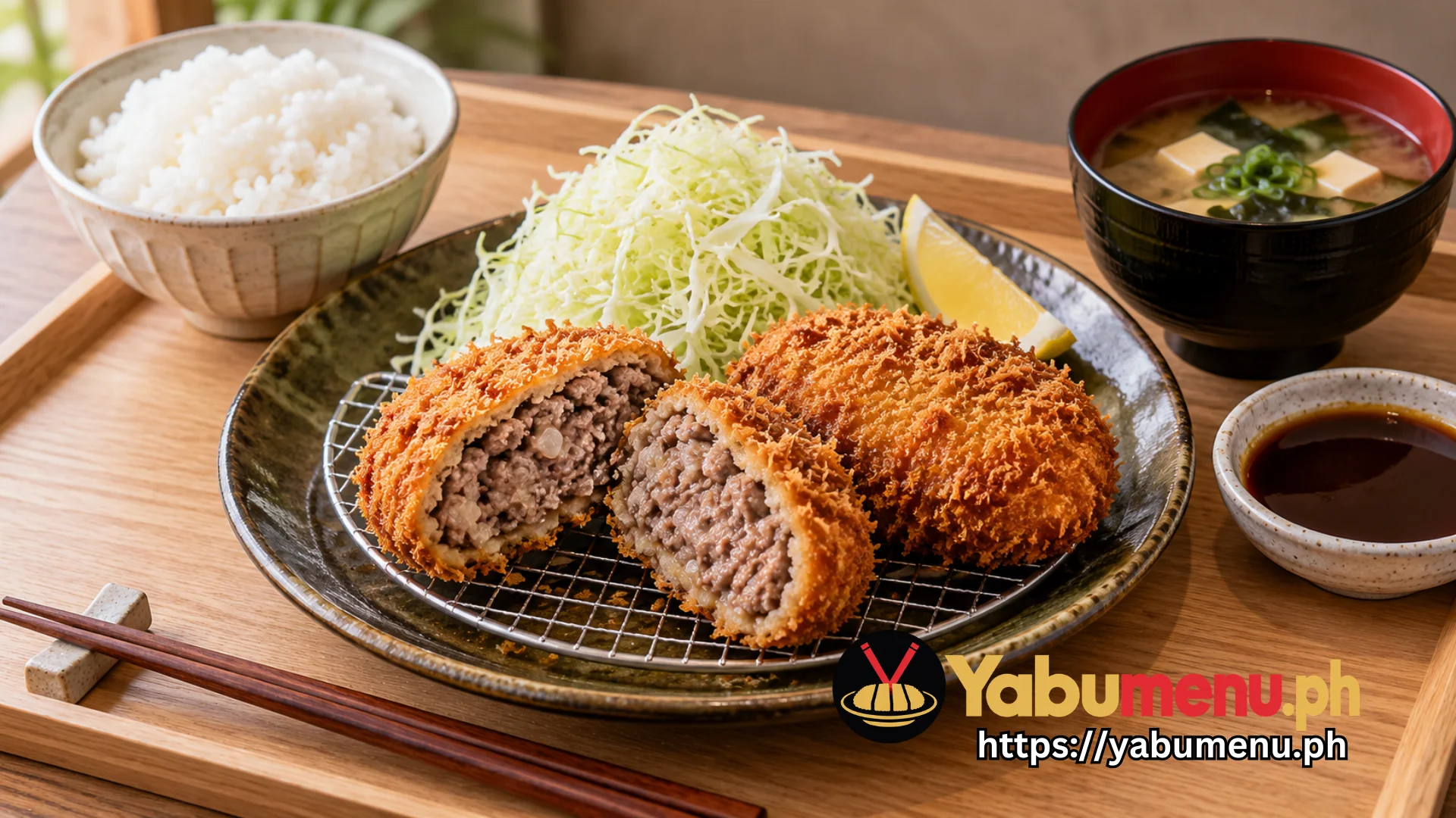 Japanese minced meat katsu with rice, cabbage and dipping sauce